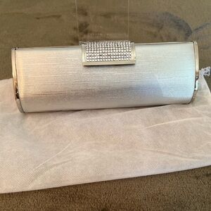 Silver Clutch with Rhinestone Closure & Chain and Dust Cover